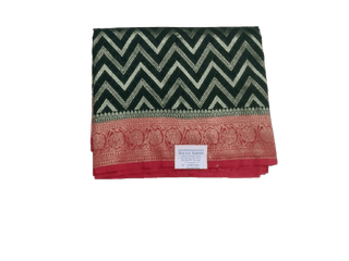 Green and gold zari work banarasi silk saree with red border