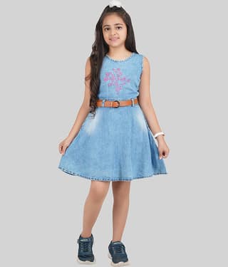 Being Naughty Denim Fit And Flare Dress For Girls ( Pack of 1 , Blue )