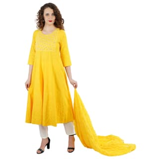 Yellow Cotton Kantha Kurti Pant Dupatta 3 Piece Set