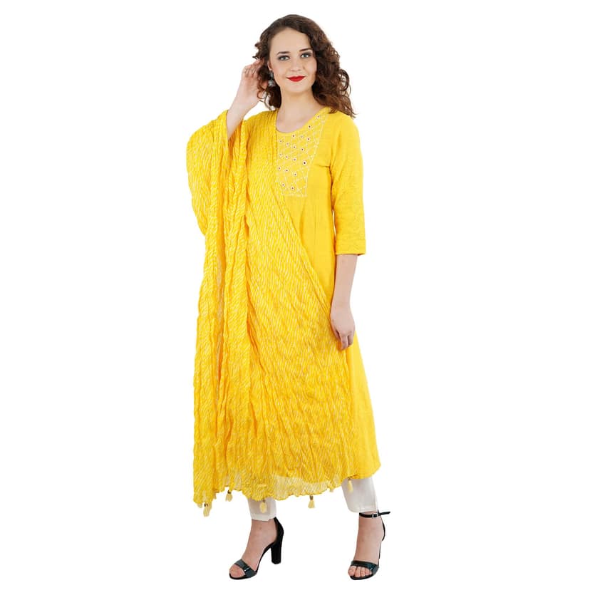 Yellow Cotton Kantha Kurti Pant Dupatta 3 Piece Set view 3