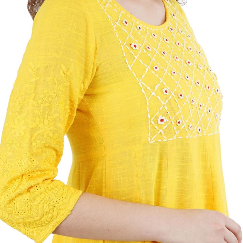 Yellow Cotton Kantha Kurti Pant Dupatta 3 Piece Set view 6