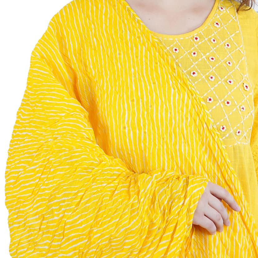 Yellow Cotton Kantha Kurti Pant Dupatta 3 Piece Set view 7