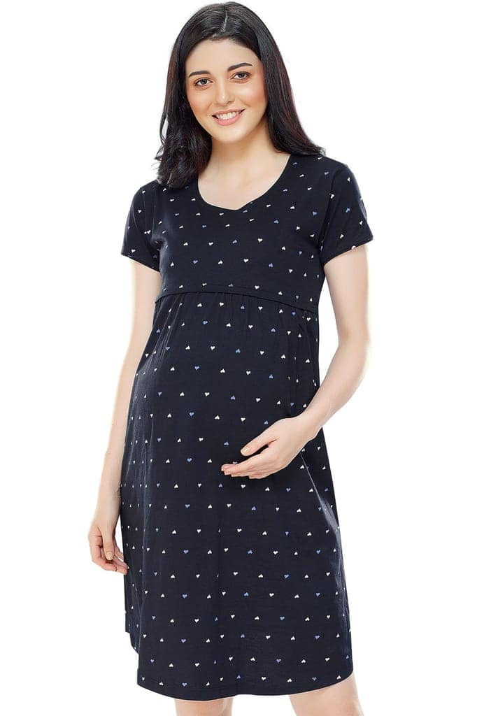 ZEYO Women Cotton Navy Blue Heart Print Maternity & Feeding Night Dress view 5