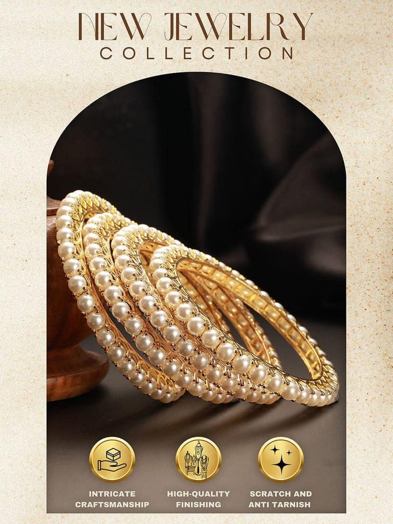Set Of 4 Gold Polish Pearl Beaded Partywear Bangles view 7