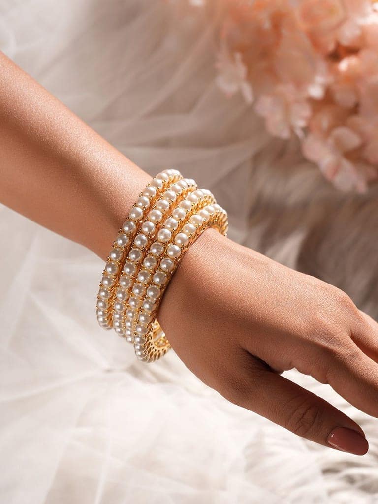 Set Of 4 Gold Polish Pearl Beaded Partywear Bangles view 9