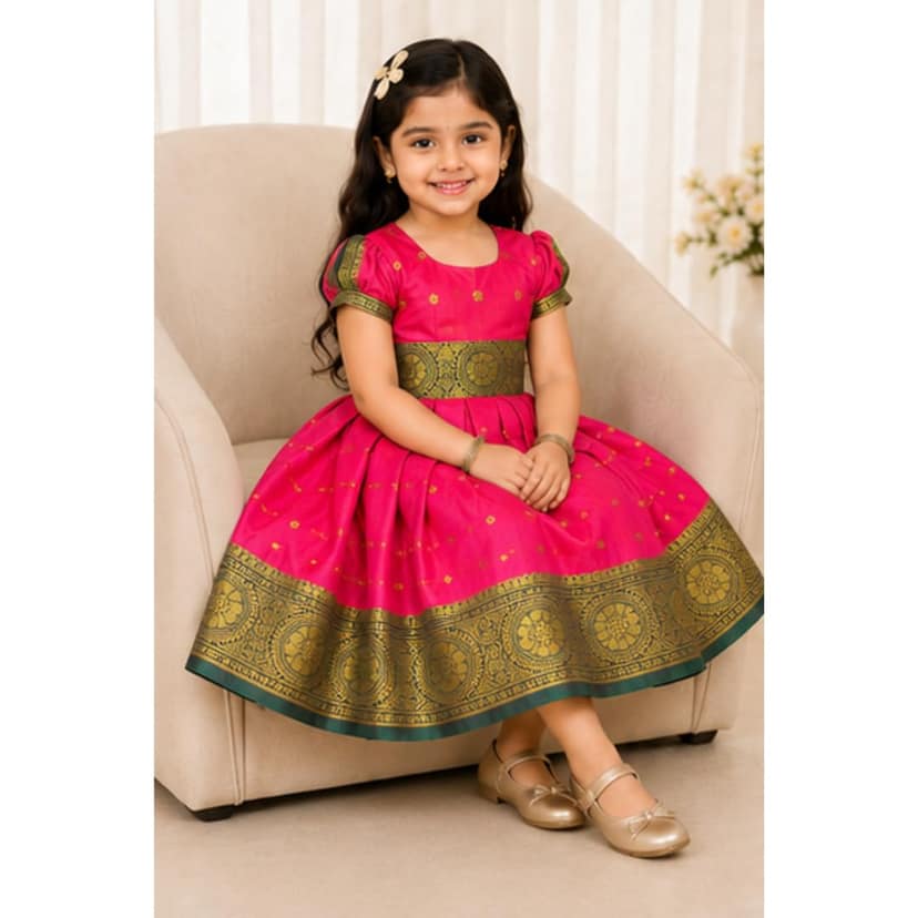 Mom and Me Baby Girl Satin Frock for Parties, Birthdays & Weddings | Elegant Toddler Dress with Balloon Sleeves & Zipper Closure | Age 0-2 Years (in, Age, 6 Months, 12 Months, Pink) view 2