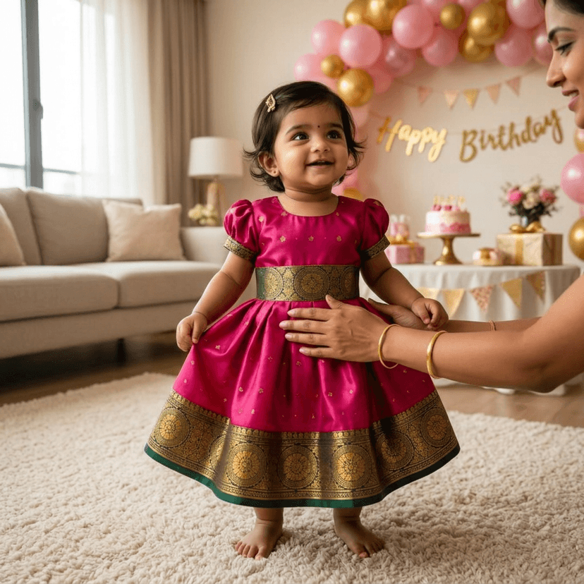 Mom and Me Baby Girl Satin Frock for Parties, Birthdays & Weddings | Elegant Toddler Dress with Balloon Sleeves & Zipper Closure | Age 0-2 Years (in, Age, 6 Months, 12 Months, Pink) view 3