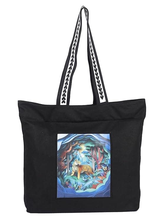 WOTM On The Move Tote | Premium Printed Cotton Canvas Tote Bag with Zipper & Inside Pocket, Stylish Everyday Travel Bag for Work, College, Office, Travel, Shopping