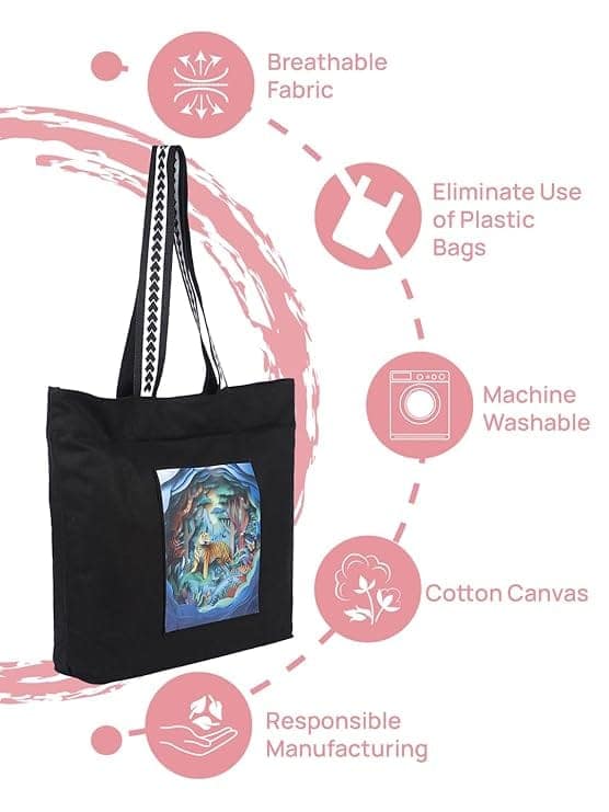 WOTM On The Move Tote | Premium Printed Cotton Canvas Tote Bag with Zipper & Inside Pocket, Stylish Everyday Travel Bag for Work, College, Office, Travel, Shopping view 4