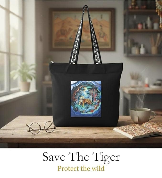 WOTM On The Move Tote | Premium Printed Cotton Canvas Tote Bag with Zipper & Inside Pocket, Stylish Everyday Travel Bag for Work, College, Office, Travel, Shopping view 5