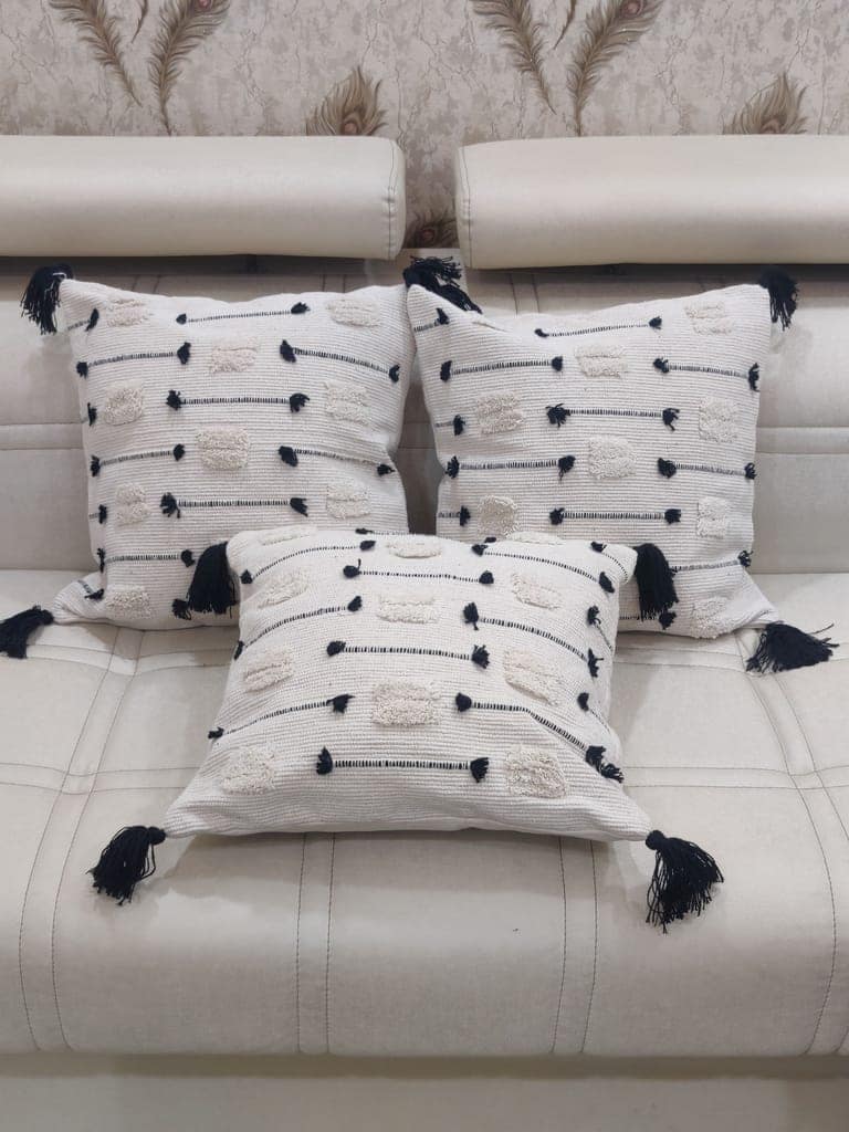 BulkySanta handtufted Cotton Cushion Covers for Sofa, 16 in x 16 in (White Black Stitch) view 2