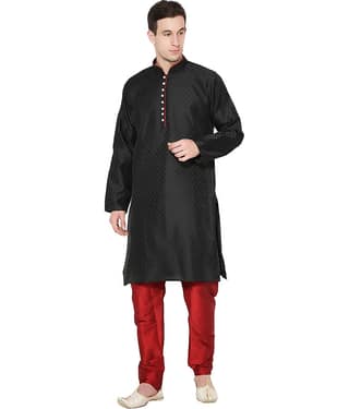 SKAVIJ Black Silk Blend Kurta Pyjama Set