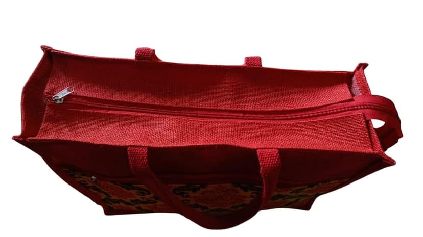 Red and Green Jute Tote Bag with Zipper and Front Pocket view 2