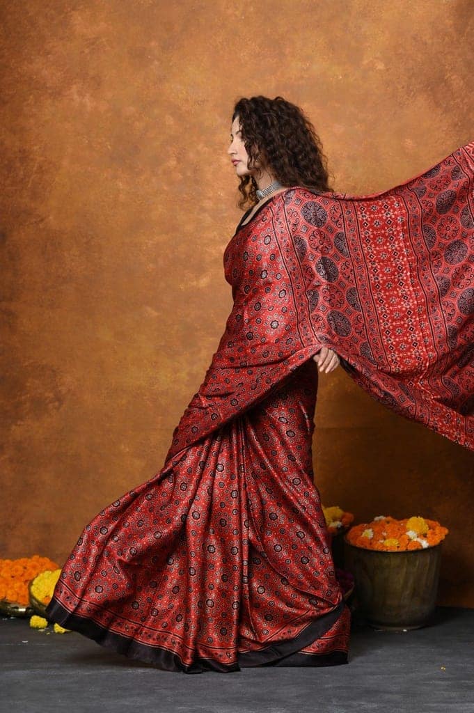 Handloom Modal Silk Saree With Ajrakh Handblock Print With Eco-Friendly Vegetable Dye view 7