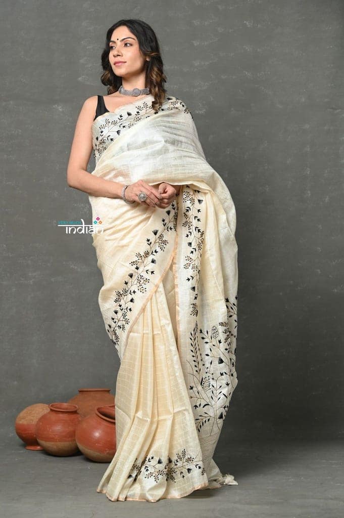 Tyohaar ~ Pure Handloom Tussar Silk with Hand Embroidery by Khadigram Certified Weavers ~ White view 2