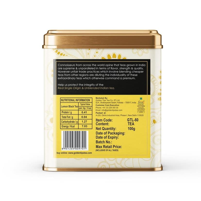 Golden Tips Healthy/Natural and Organic Loose Leaves Lemon Flavour Black Tea Tin Can (100 Gram, 50 Cups) view 2