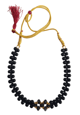 Black Stone Beads Necklace with Golden Beads and Pendant