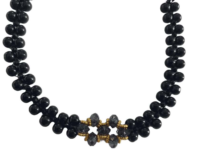 Black Stone Beads Necklace with Golden Beads and Pendant view 3