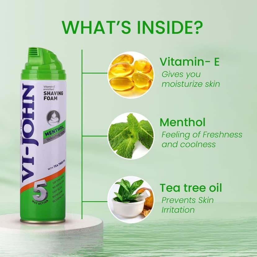 VI-JOHN Classic Menthol Shave Foam For Sensitive Skin With Tea Tree Oil & Vitamin E 200 GMs (400 GMs) view 3
