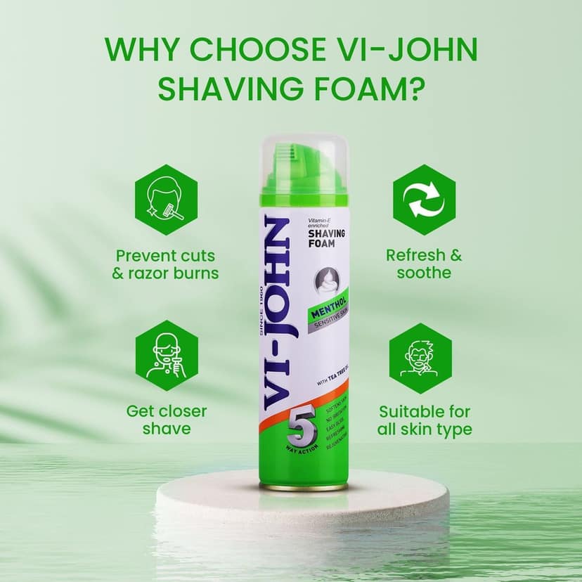 VI-JOHN Classic Menthol Shave Foam For Sensitive Skin With Tea Tree Oil & Vitamin E 200 GMs (400 GMs) view 4