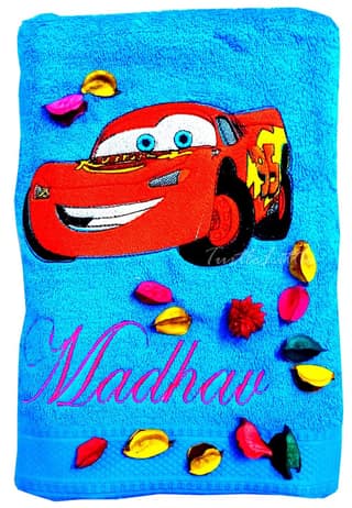 TurtleLittle, Cotton, Cars - McQueen Personalised Kids Bath Towel, 500 GSM (Set of 1, Blue)