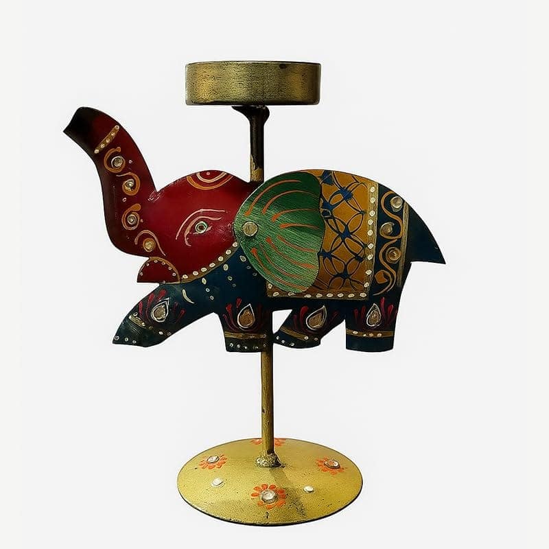 Decorative Metal Elephant Candle Holder, Handcrafted Traditional Diya Stand, Red and Green, 15x14 cm, Table Decor for Home, Pooja, Festive Lighting view 2