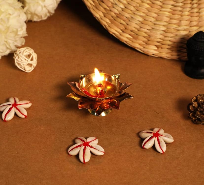 Brass Lotus Diya small | brass diyas for puja | Home Temple Decoration Oil Lamp Gift Items (Brass & Copper) (Size 3" x 3" x 1.5") (Pack of 2 diyas) view 2