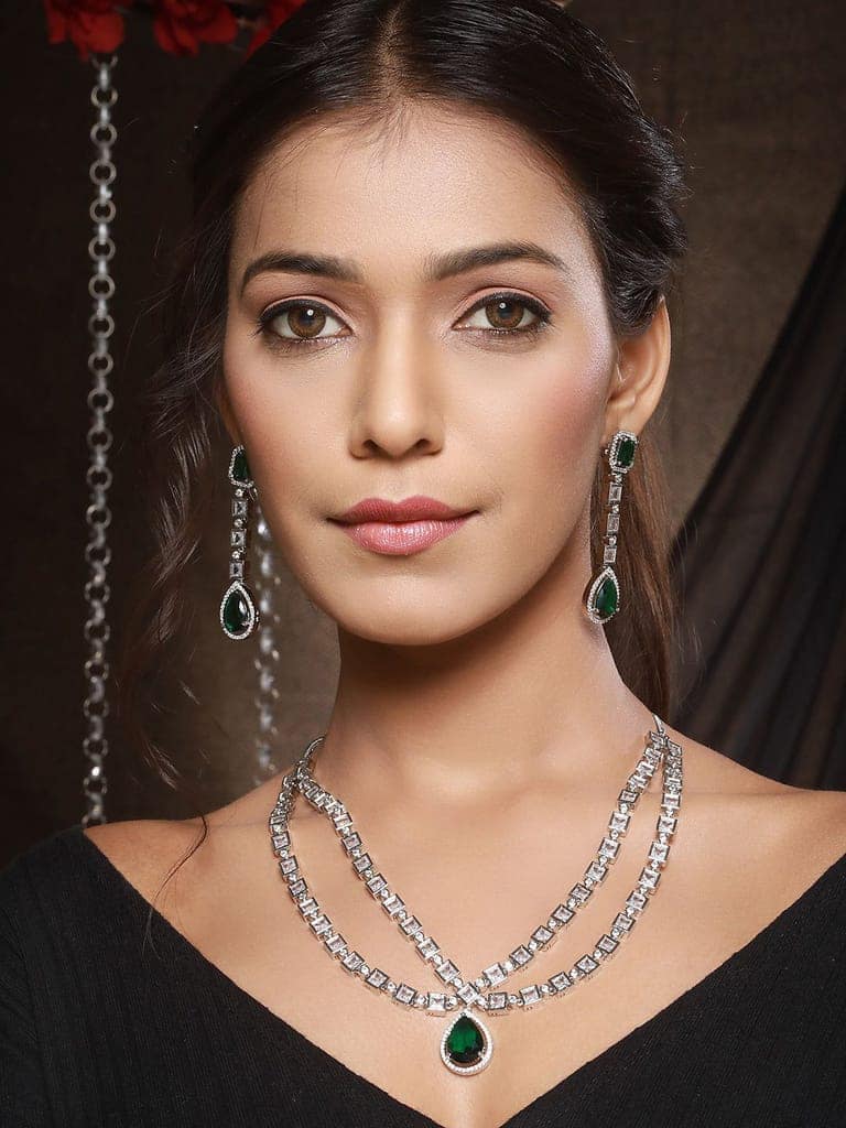 Silver Toned Green Zircon Studded Double Lined Designer Luxe Necklace Jewellery Set view 3