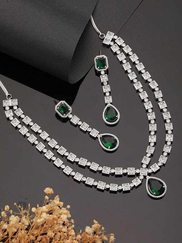 Silver Toned Green Zircon Studded Double Lined Designer Luxe Necklace Jewellery Set view 4