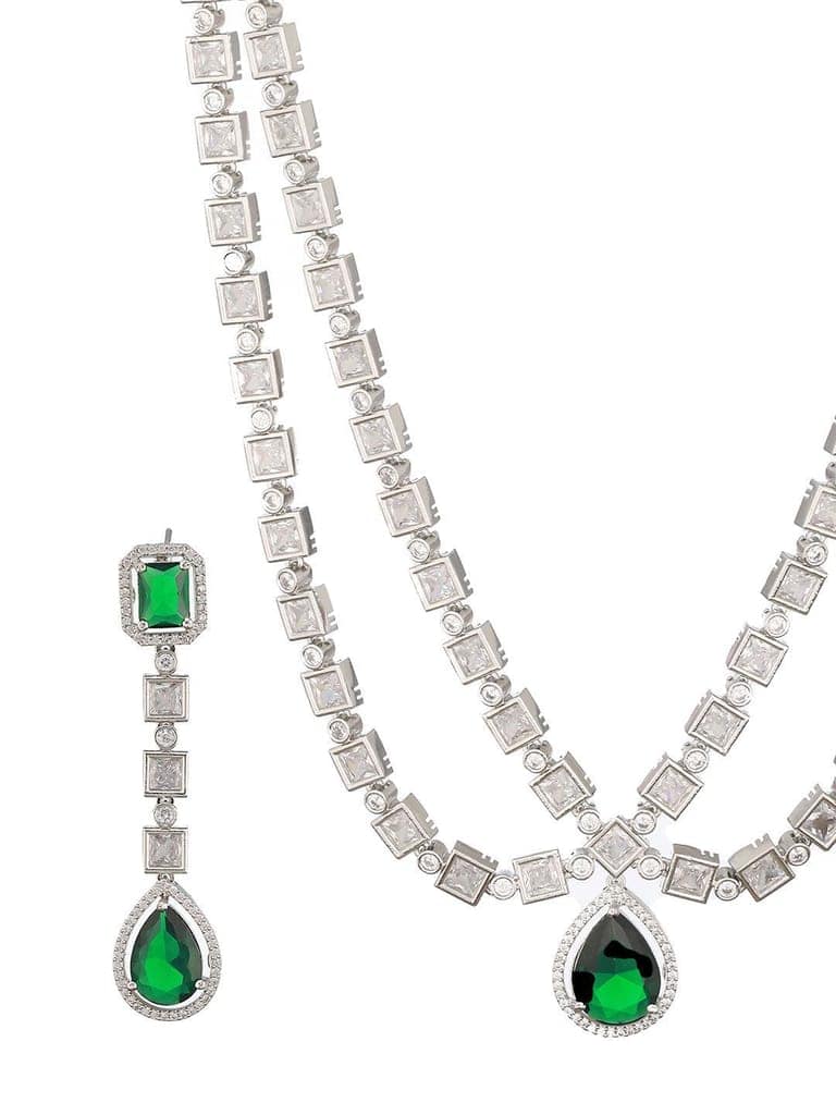 Silver Toned Green Zircon Studded Double Lined Designer Luxe Necklace Jewellery Set view 5