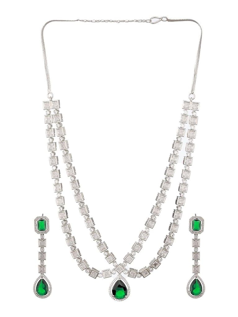Silver Toned Green Zircon Studded Double Lined Designer Luxe Necklace Jewellery Set view 6
