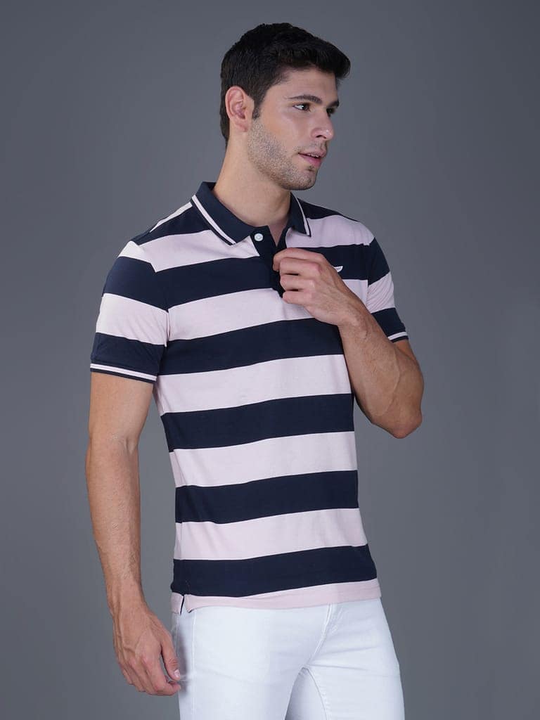 Men's Stripe Polo T-shirt Navy-Pink view 5