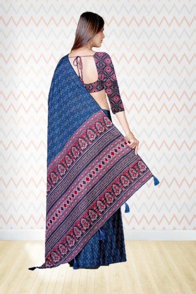Peacock Blue Bagh Print Cotton Silk Saree view 2