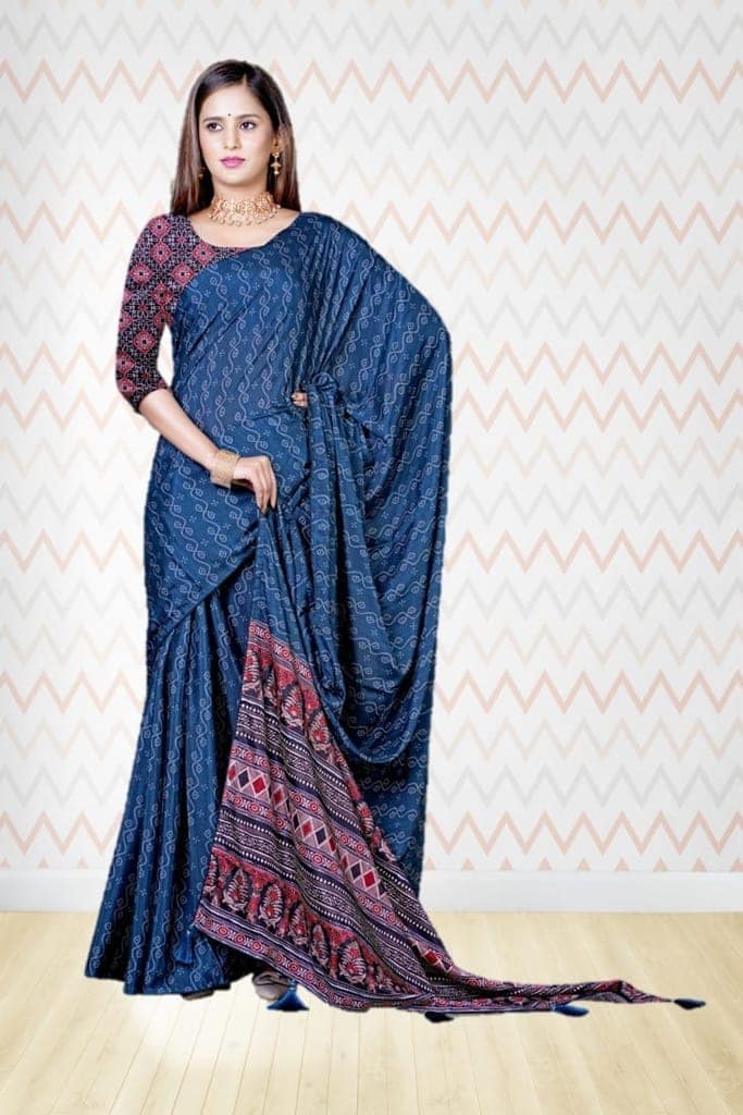 Peacock Blue Bagh Print Cotton Silk Saree view 3