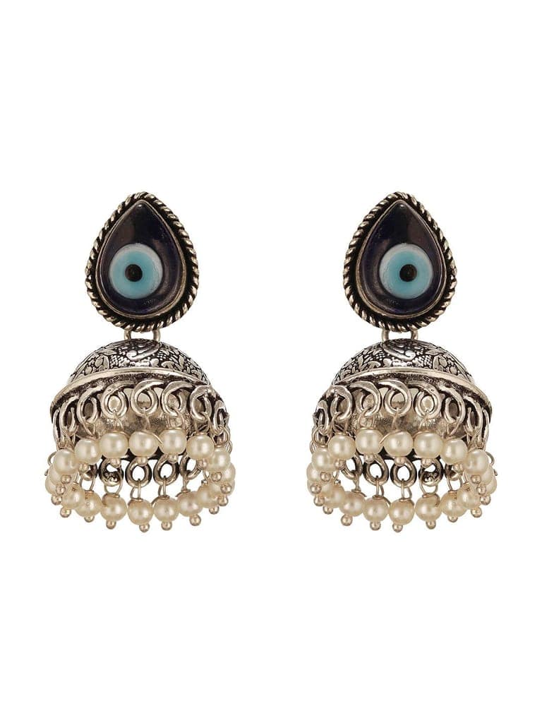Oxidised Silver Toned Evil Eye Handcrafted Minimal Trendy Jhumka Earrings view 7