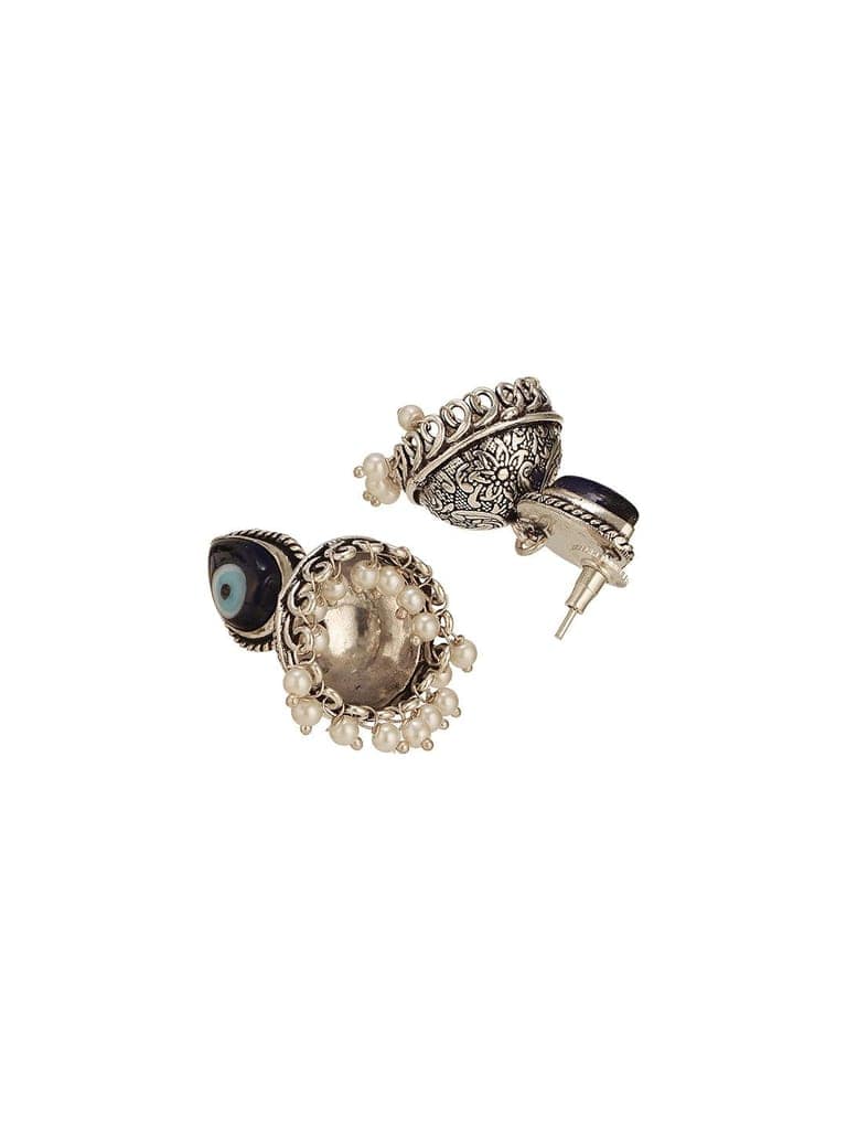 Oxidised Silver Toned Evil Eye Handcrafted Minimal Trendy Jhumka Earrings view 8