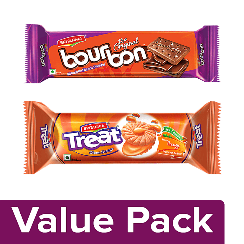 Britannia Bourbon Cream Biscuit - Chocolate Flavor 150gm + Treat Orange Biscuits 150gm, Combo 2 Items