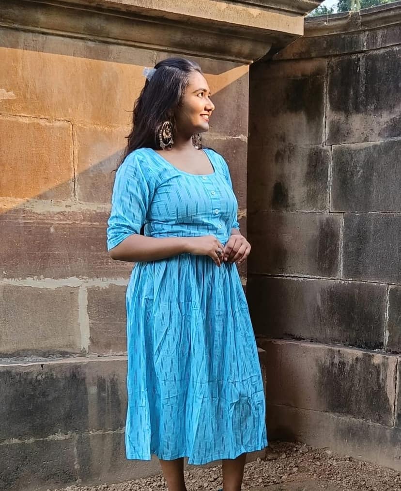 Pure Cotton Ikkat Dress Light Sky Blue Colour (Size XXS(32) to Plus Size(56))-3788