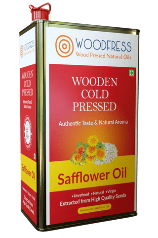 WOODFRESS Cold Pressed Safflower Oil 3 Litre, Freshly Hulled, 15kg Seeds for 1L Pure Wood Pressed Kardi Tel, Lakdi Ghani, for Cooking, Metal Tin 3L
