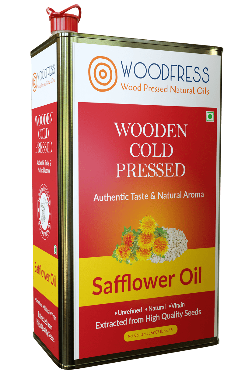 WOODFRESS Cold Pressed Safflower Oil 3 Litre, Freshly Hulled, 15kg Seeds for 1L Pure Wood Pressed Kardi Tel, Lakdi Ghani, for Cooking, Metal Tin 3L