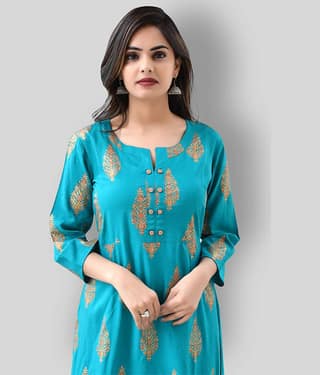 ZAMAISHA - Turquoise Rayon Women's Flared Kurti ( Pack of 1 )