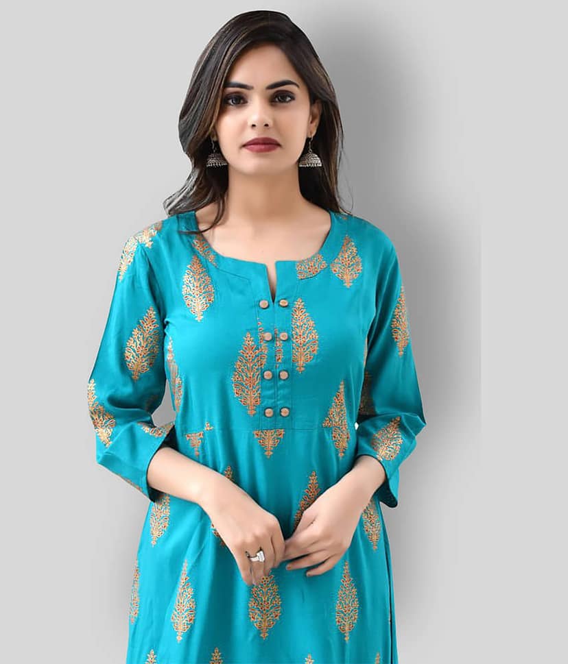 ZAMAISHA - Turquoise Rayon Women's Flared Kurti ( Pack of 1 )
