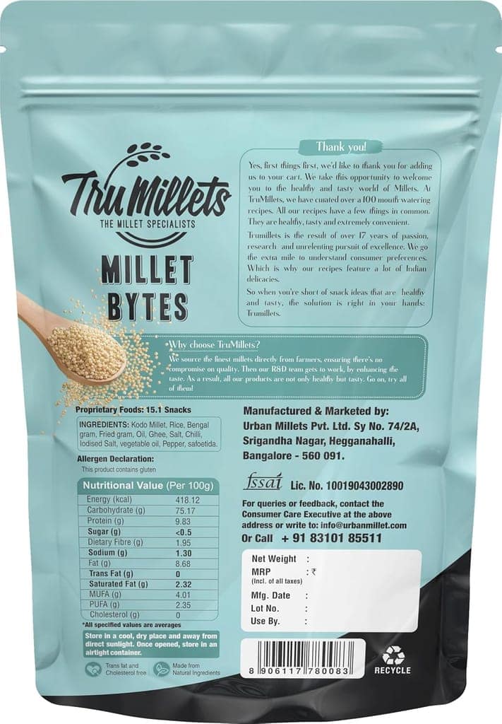 Trumillets Healthy Millet Snack for Kodo Millet Bites | Indian Masala Crispy Namkeen | Healthy and Hygienic Snacks | High Protein & Fiber Snack | No Preservative (Each 125 Gm Pack of 2) view 2