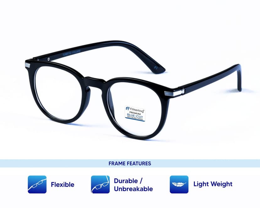 Flikertag Blue Cut Computer Glasses for Eye Protection | Zero Power Blue Light Filter Glasses With UV Protection | Anti Glare Specs for Women [FTF203 F1 Round Glossy Black Frame, 48mm] view 2