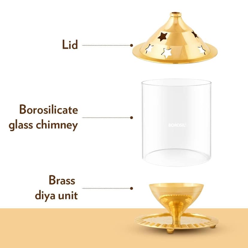 Borosil Borosilicate Glass Akhand Diya (Medium, Brass) view 2