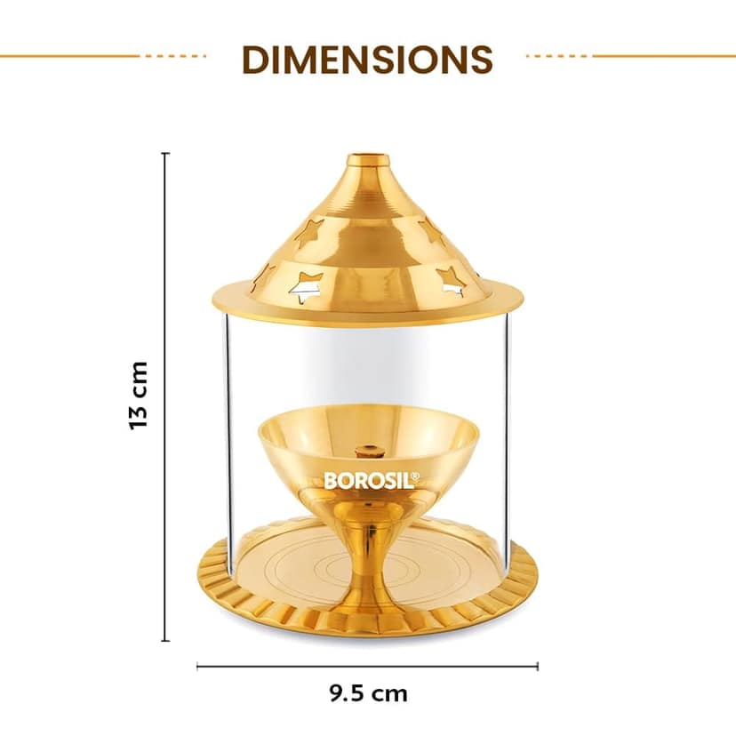 Borosil Borosilicate Glass Akhand Diya (Medium, Brass) view 3