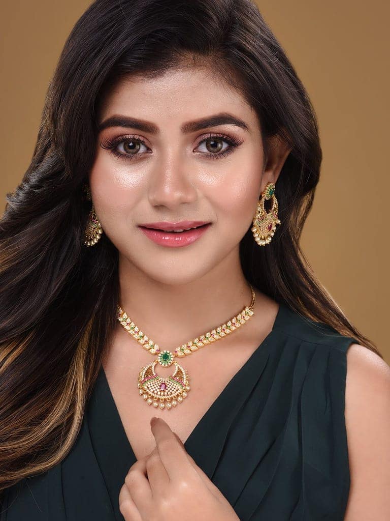 Gold Plated Multi AD & Pearl studded traditional Pandant Earrings Set view 2