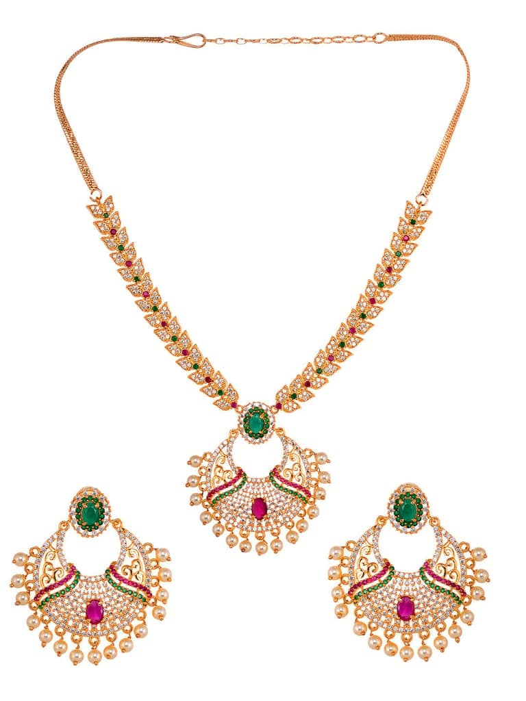 Gold Plated Multi AD & Pearl studded traditional Pandant Earrings Set view 4
