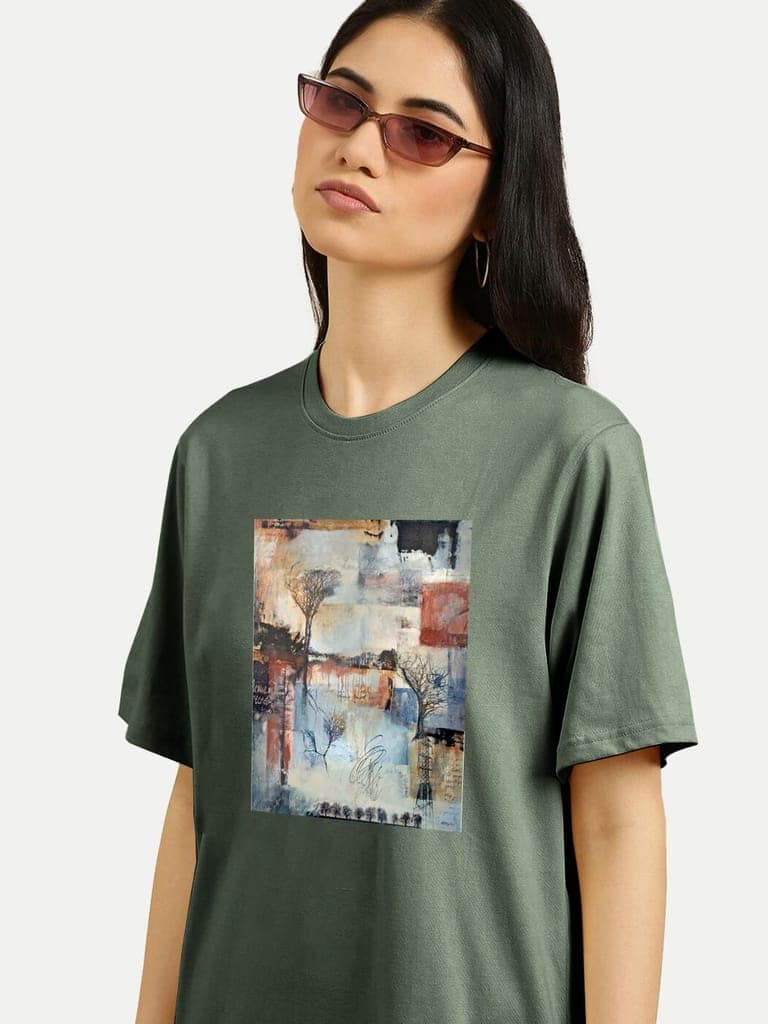 Women Olive Graphic Printed T- Shirts view 2