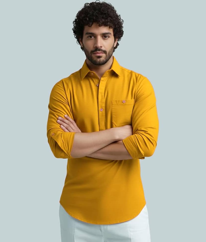 BHUVIKOO Cotton Blend Plain Shirt Style Kurta For Men ( Yellow )